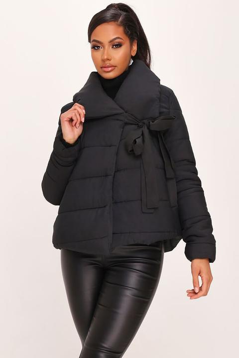 Black Tie Front Oversized Padded Coat