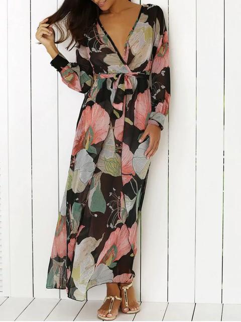 Impreso Completa Floral Hundiendo Cuello Vestido Maxi