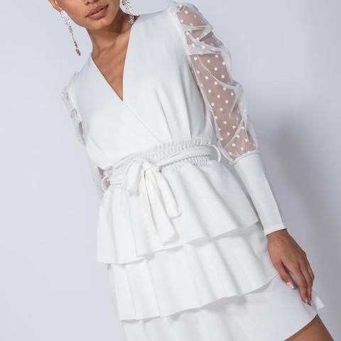 White Polka Dot Mesh Sleeve Wrap Front Tiered Detail Mini Dress