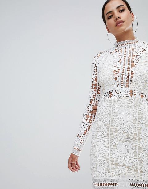 Missguided - Vestitino A Maniche Lunghe In Pizzo All'uncinetto - Bianco