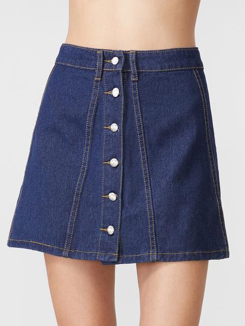 Deep Blue Single Breasted A Line Denim Skirt