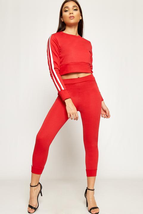 Riley Contrast Striped Cropped Tracksuit Set - Red