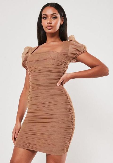 Taupe Mesh Ruched Puff Sleeve Mini Dress, Stone