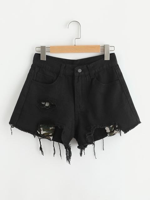 Destroyed Fray Hem Camo Pocket Denim Shorts