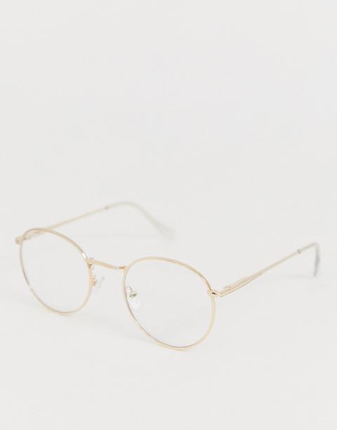 Asos Design Round Fashion Glasses In Gold Metal With Clear Lenses