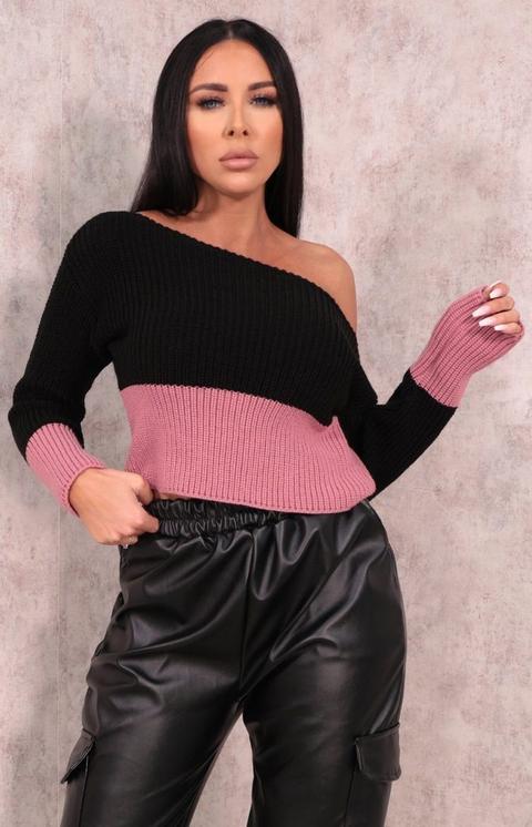 Pink Off The Shoulder Cropped Knitted Jumper - Becca