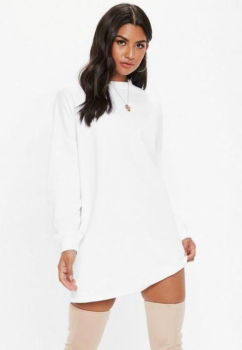 White Oversized Basic Loopback Sweater Dress, White