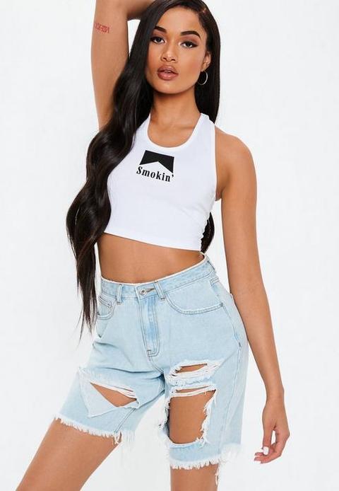 White Smokin' Graphic Racerneck Crop Top, Black