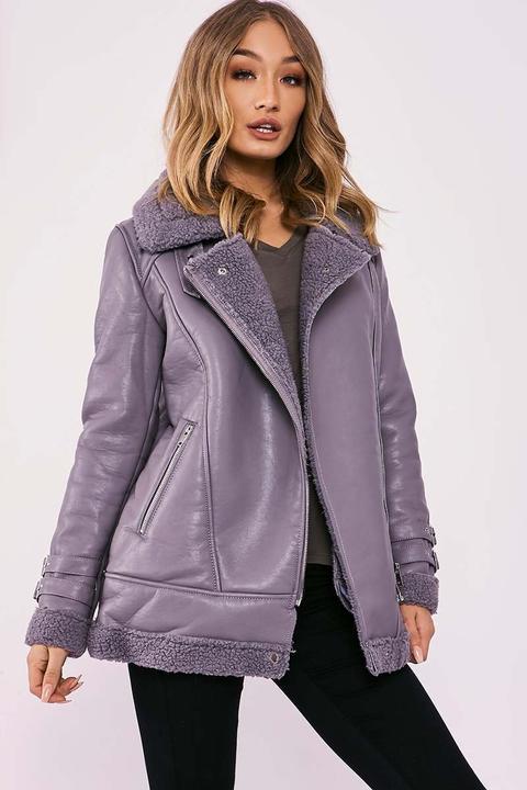 Grey Jackets - Kinleigh Grey Faux Leather Aviator Jacket