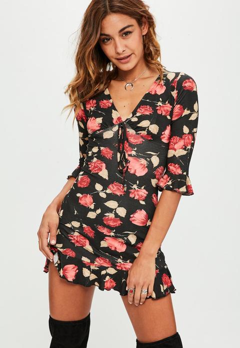 Black Floral Print Jersey Tea Dress, Black