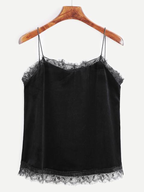 Top De Velvet Ribete Con Encaje - Negro