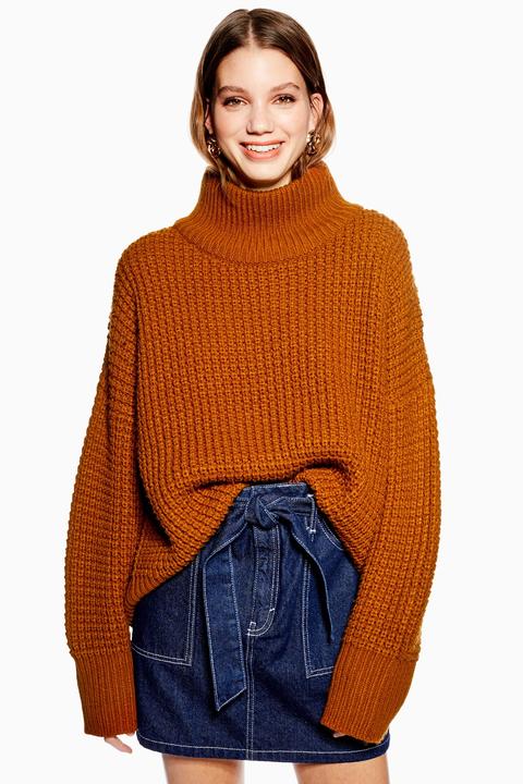 Womens Weave Stitch Oversized Roll Neck Jumper - Tobacco, Tobacco