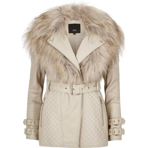 Cream Belted Faux Fur Collar Biker Jacket