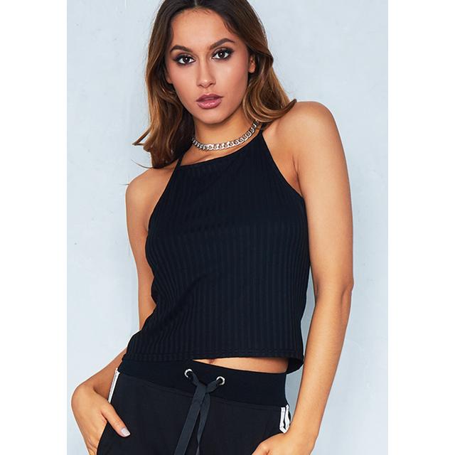 Carly Black Ribbed High Neck Vest Top 