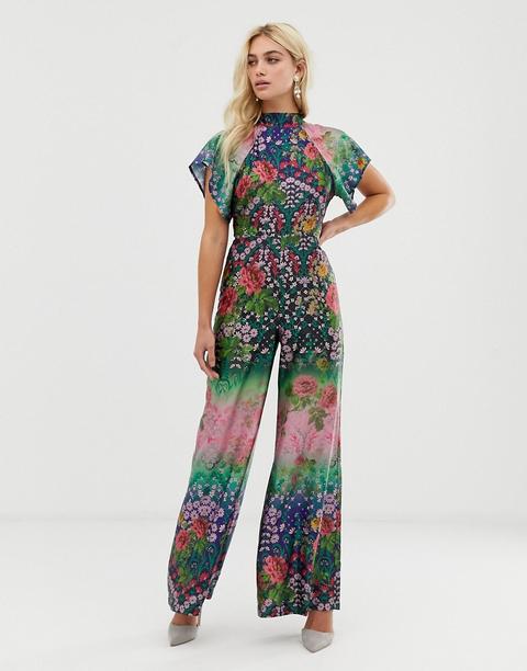 Asos Design Flutter Sleeve Jumpsuit In Floral Print