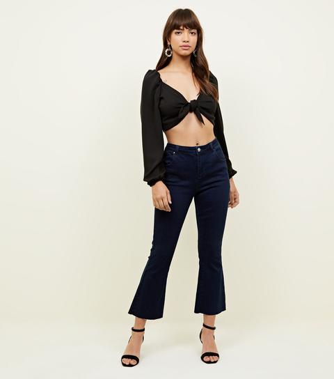 Black Balloon Sleeve Tie Front Crop Top New Look