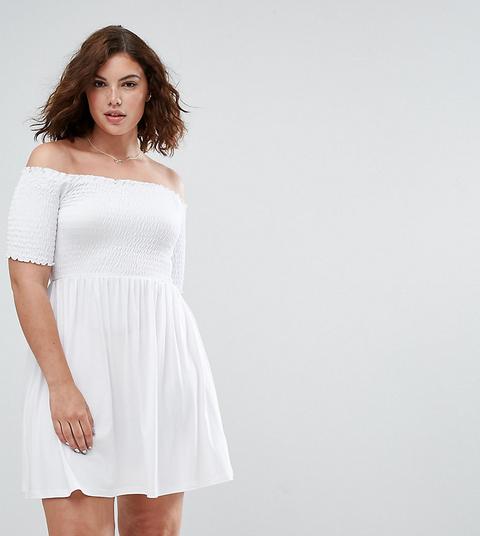 Asos Curve - Vestito Estivo Con Spalle Scoperte E Arricciature - Bianco