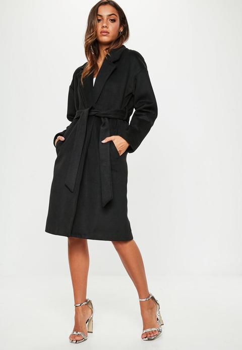 Black Relaxed Belted Coat, Black