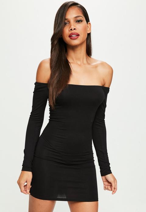 Black Bardot Long Sleeve Bodycon Dress, Black