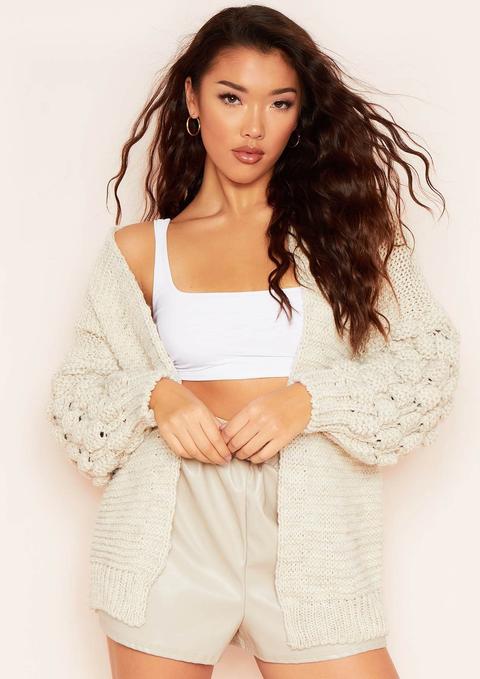 Siyana Beige Bobble Sleeve Oversized Cropped Knitted Cardigan