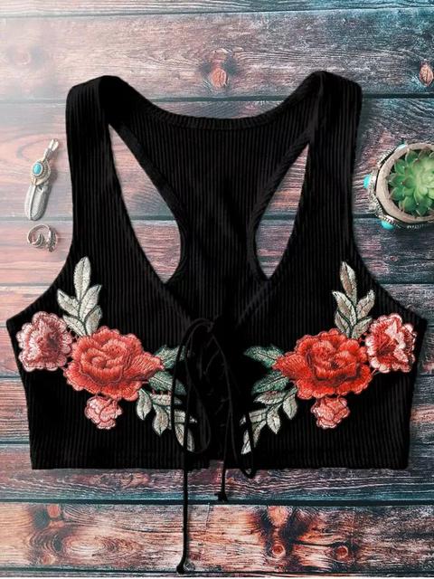 Lace Up Embroidered Knitted Cropped Tank Top