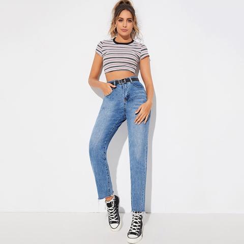 Raw Hem Mom Jeans Without Belted