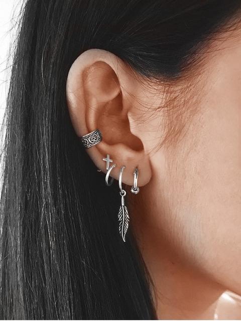 Juego De Aretes Con Forma De Hoja Punk Silver