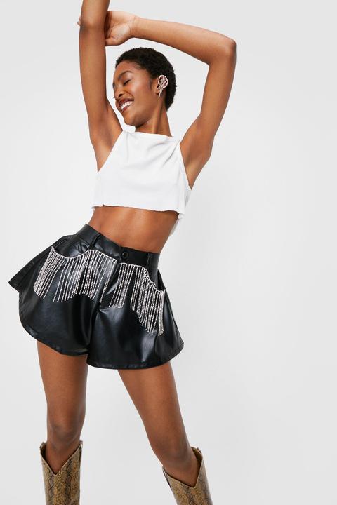 Womens Faux Leather Diamante Fringe Shorts
