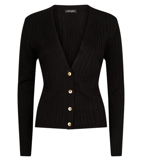 Black Ribbed Button Up Cardigan New Look