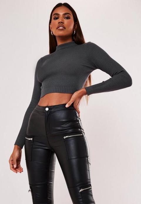 Grey Rib High Neck Crop Jumper, Grey