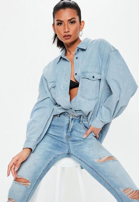 Premium Light Wash Super Oversized Boyfriend Denim Shirt, Blue