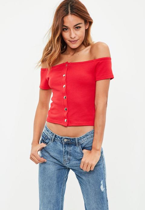 Crop Top Bardot Con Escote De Corchetes En Rojo