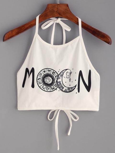 Top Corto Cuello Halter Estampado Letras Blanco