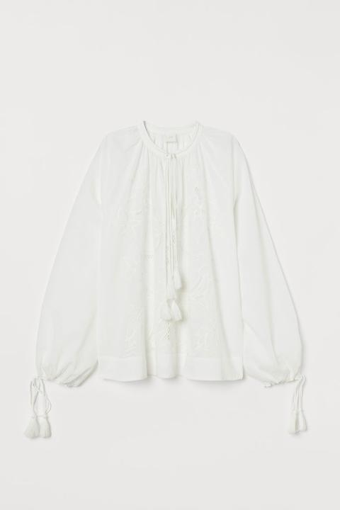 H & M - Camicetta In Cotone Con Ricami - Bianco