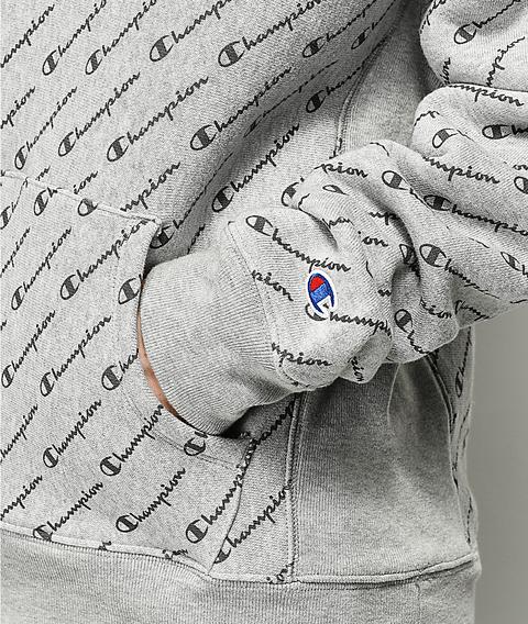 Champion reverse weave allover script best sale grey hoodie