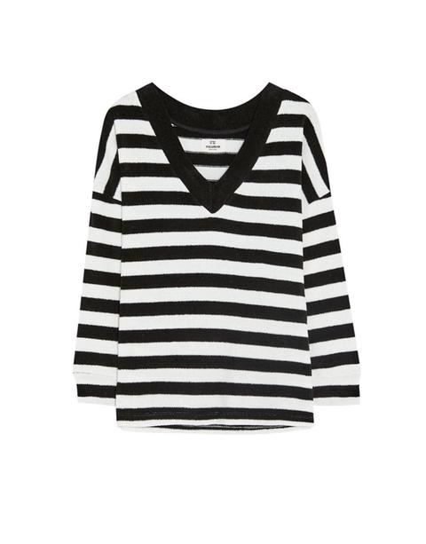Maglia Ciniglia A Righe Scollo A V