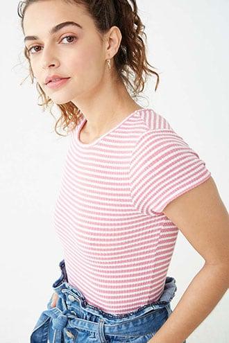Forever 21 Striped Ribbed Top , White/pink