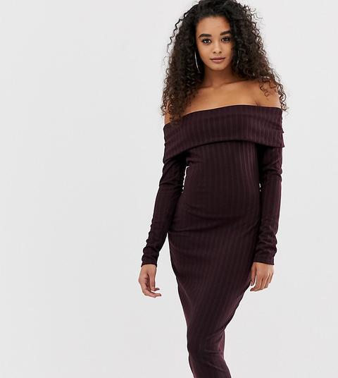 Boohoo - Vestito Midi A Fascia In Maglia Prugna Scuro Con Scollo Alla Bardot - Viola