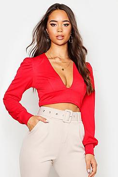 Crepe Plunge Neck Oversized Sleeve Crop Top