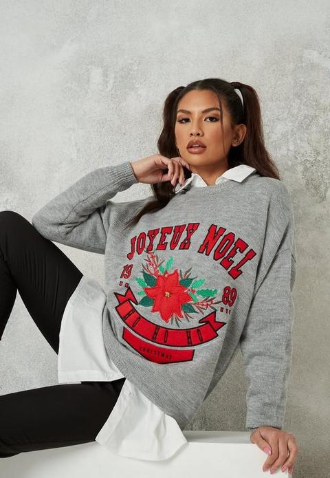 Grey Joyeux Noel Collegiate Christmas Jumper, Grey