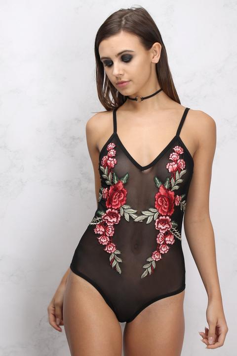 Black Floral Applique Mesh Bodysuit