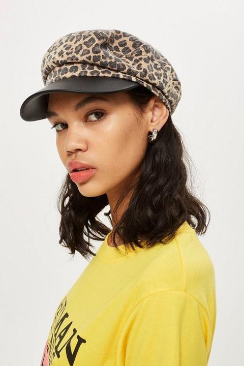 Womens Leopard Print Baker Boy Hat - Beige, Beige