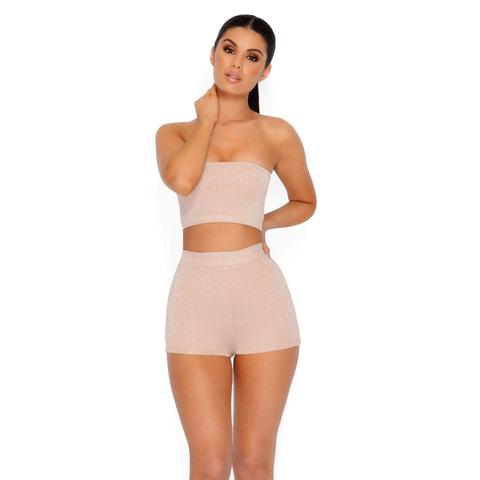 Sparkle The Fire Metallic Knit Shorts Two Piece In Nude