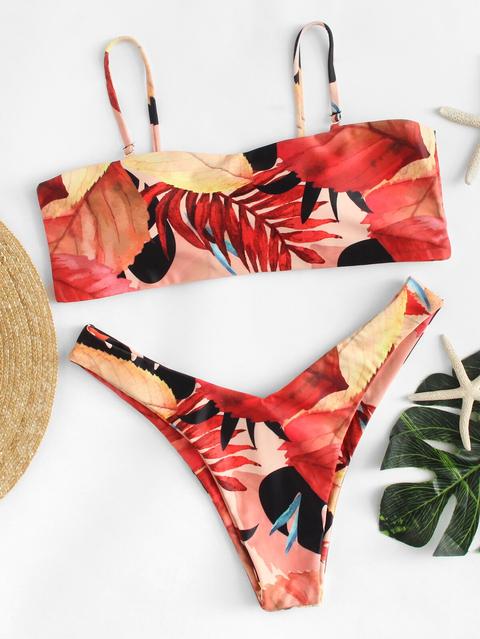 Set De Bikini De Pierna Alta Con Estampado De Hoja