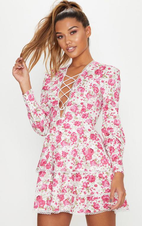 Pink Floral Trim Detail Tiered Skater Dress