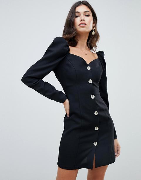 Asos Design Button Through Mini Dress With Long Sleeves-black