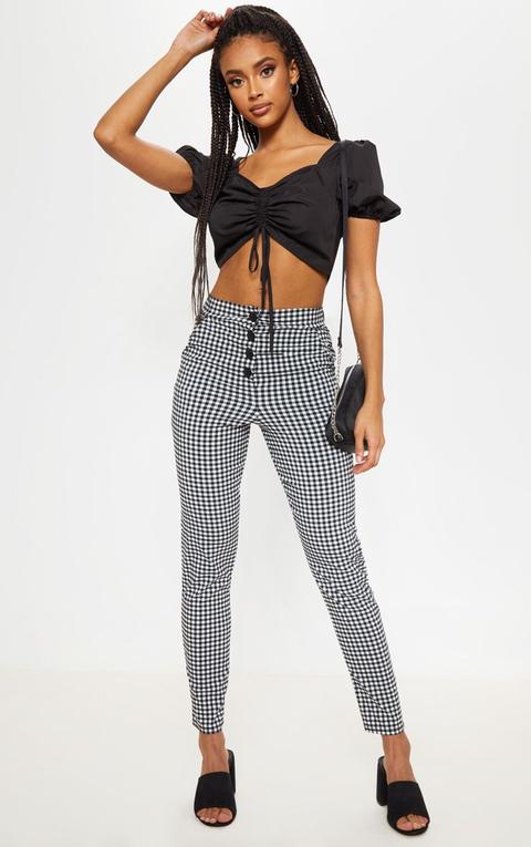 Black Gingham Button Front High Waisted Skinny Trouser, Black