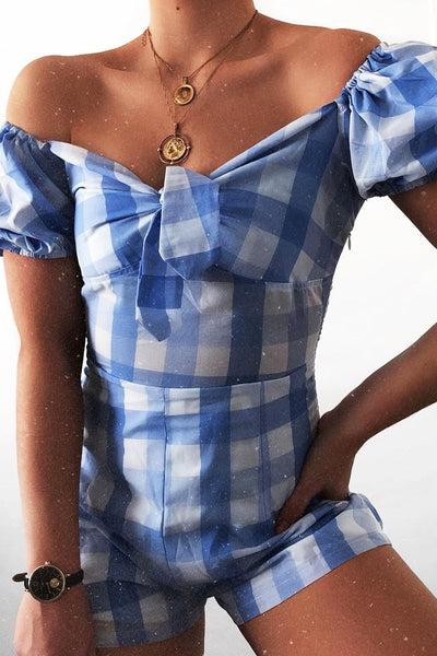 Blue Gingham Tie Front Puff Sleeve Playsuit - Davey