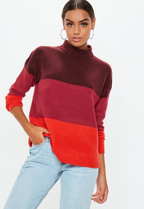 Burgundy High Neck Colour Block Jumper, Red