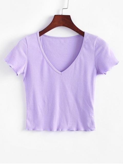 Camiseta Acanalada Con Cuello En V Light Blue Purple